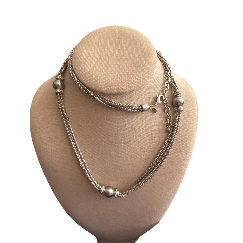 Premier designs Silver Tone Multi Strand Chain Grey Faux Pearl Crystal Necklace
